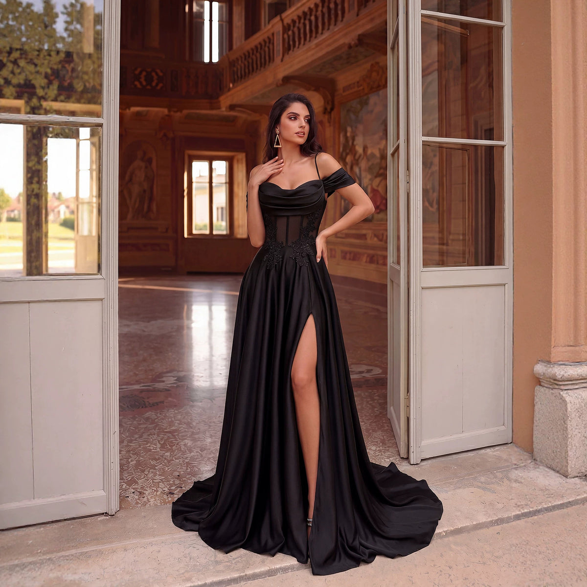 Women's Black Camisole Off-Shoulder Mesh See Through Dress Waist Satin Split Light