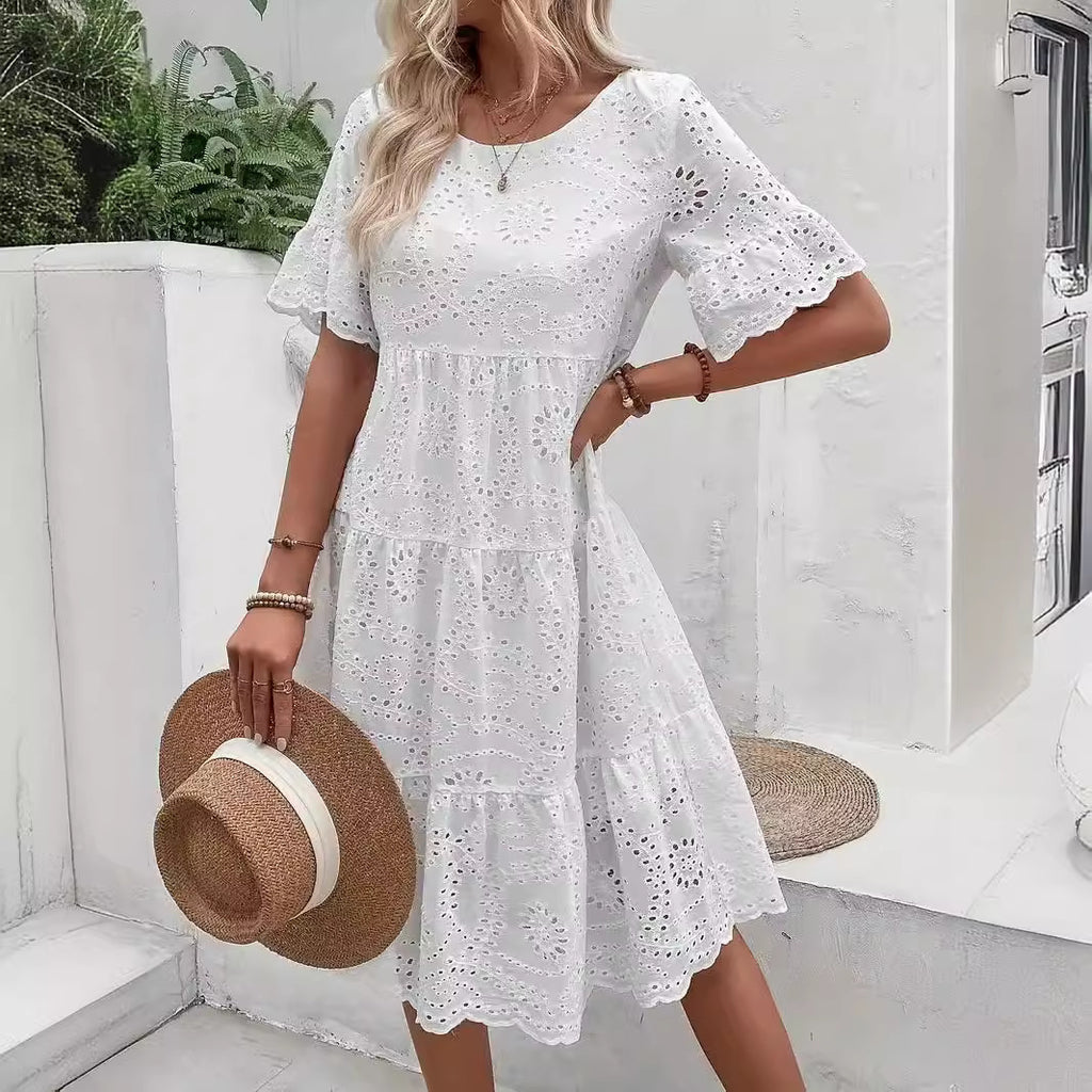 Cotton Embroidered Lace Short-Sleeve A-Line Midi Dress