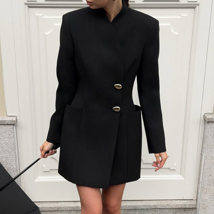 Black High-Collar Button Long-Sleeve A-Line Mini Dress