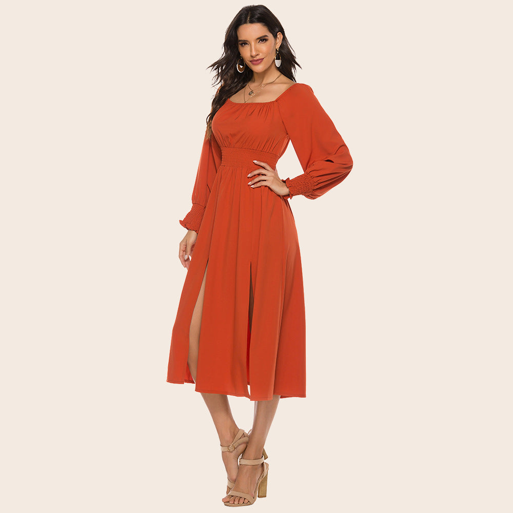 Women's Spring Autumn Square Collar Slimming Waist Women Dress Split Long-Sleeved Dress