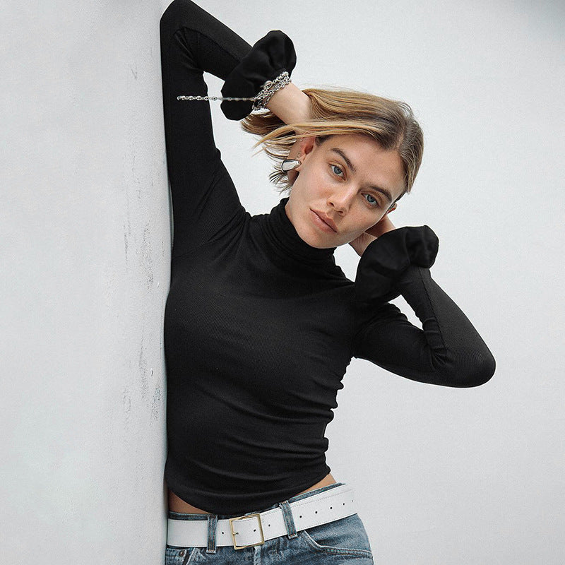 Women's Ruffled Turtleneck U-Hem Long Sleeve Top