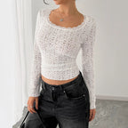 Lace U-Neck Long Sleeve Slim Fit Top
