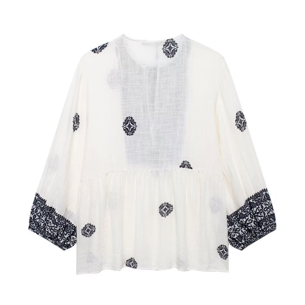 Women's Clothing Retro Printed Vacation Round Neck Long Sleeve Pullover Loose Shirt