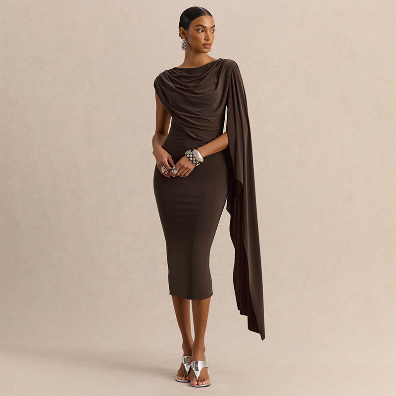 Brown sleeveless midi dress with draped cowl neckline and flowing side overlay