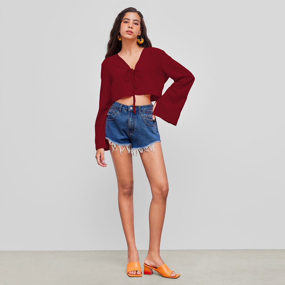 V Neck T Shirt Chest Lace Up Niche Wine Red Cardigan Top Women