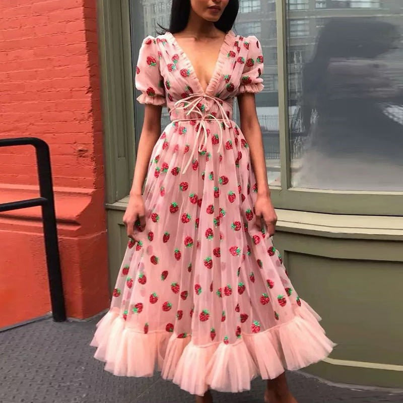 Women's Cherry-Print Sequin Mesh Maxi Dress