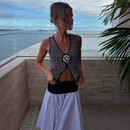 Women's Summer Sleeveless Sexy Floral V Neck Slim Striped Knitted Short Vest Cropped Tank Top Top Women