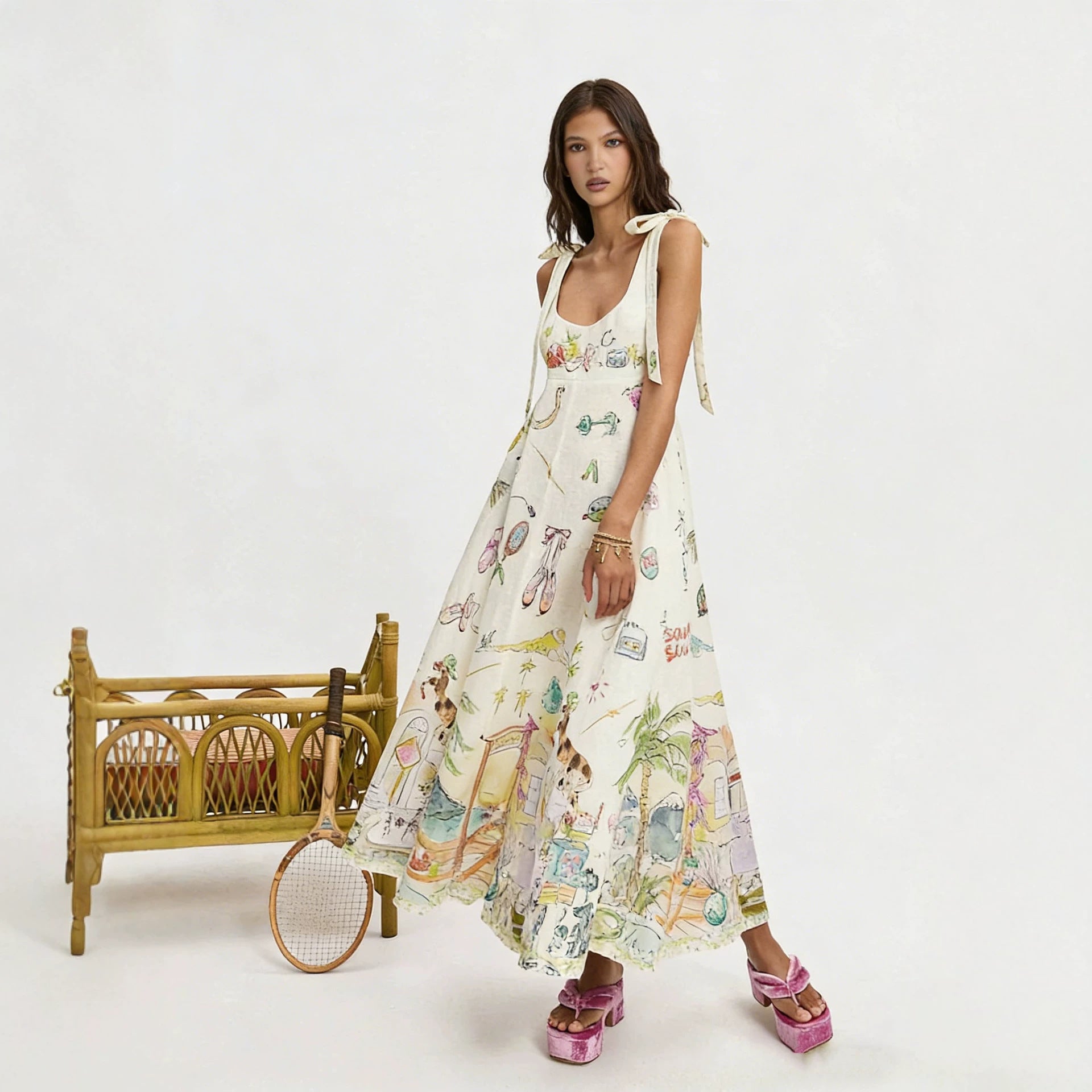 Women's sleeveless printed maxi dress, off-white with colorful graphics and tie straps