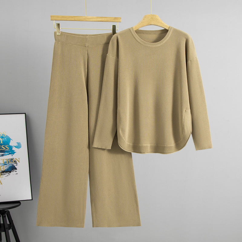 Loose Slimming round Neck Split Long Sleeve Top Wide Leg Pants Casual Knitting Two Piece Sets Women