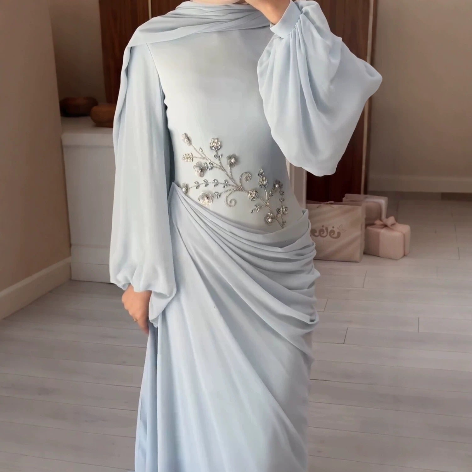 Women's Floral Rhinestone Chiffon Maxi Dress