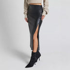 Faux Leather Split High Waist Zipper Slim Skirt