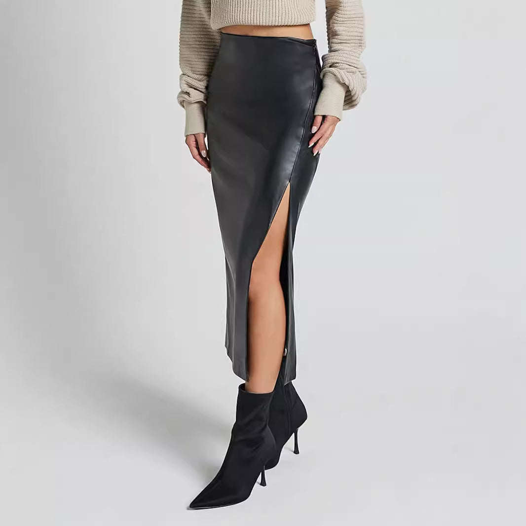 Faux Leather Split High Waist Zipper Slim Skirt