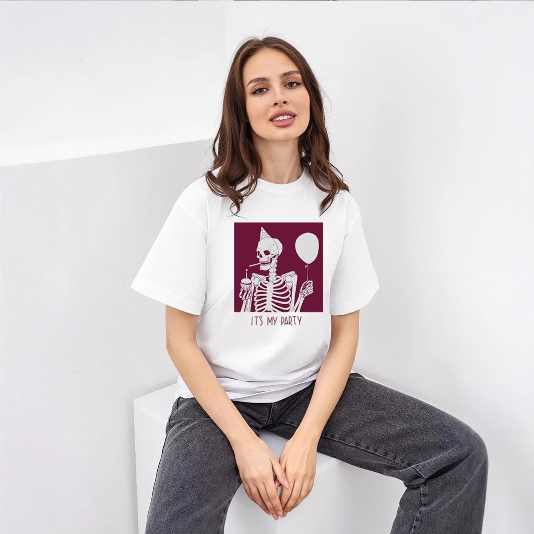 Women's Funny Printed T Shirt Women Summer Loose Round Neck Cotton Short Sleeve Top