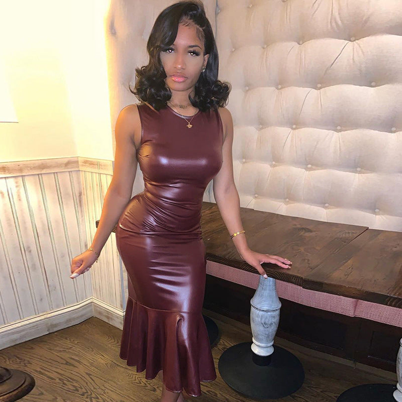 Faux-Leather Ruffle Sleeveless Bodycon Midi Dress