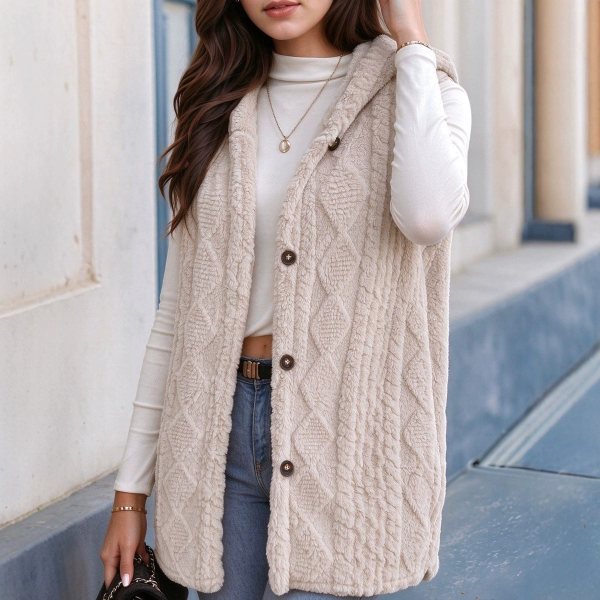 Women's Hooded Lambswool Vest With Side Slits