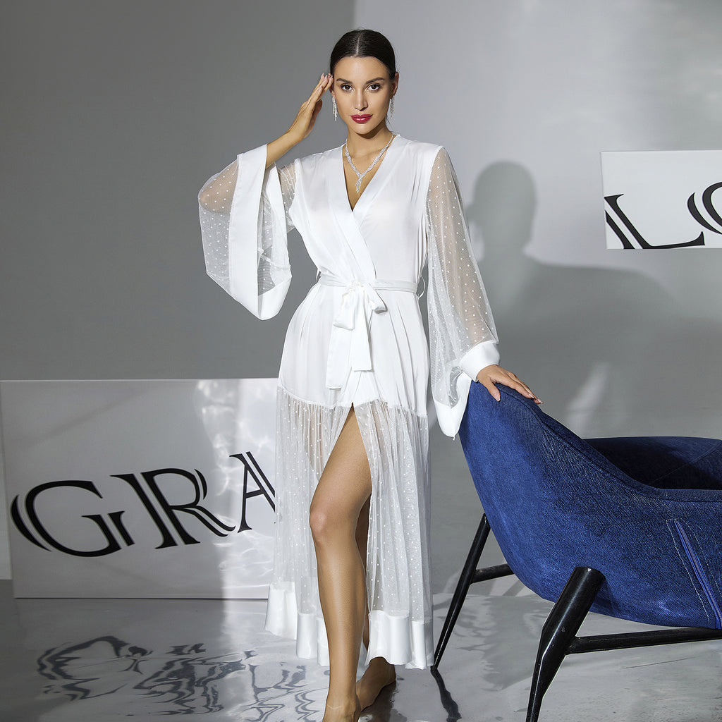 Women's Satin Dot Mesh Flared Sleeve Robe