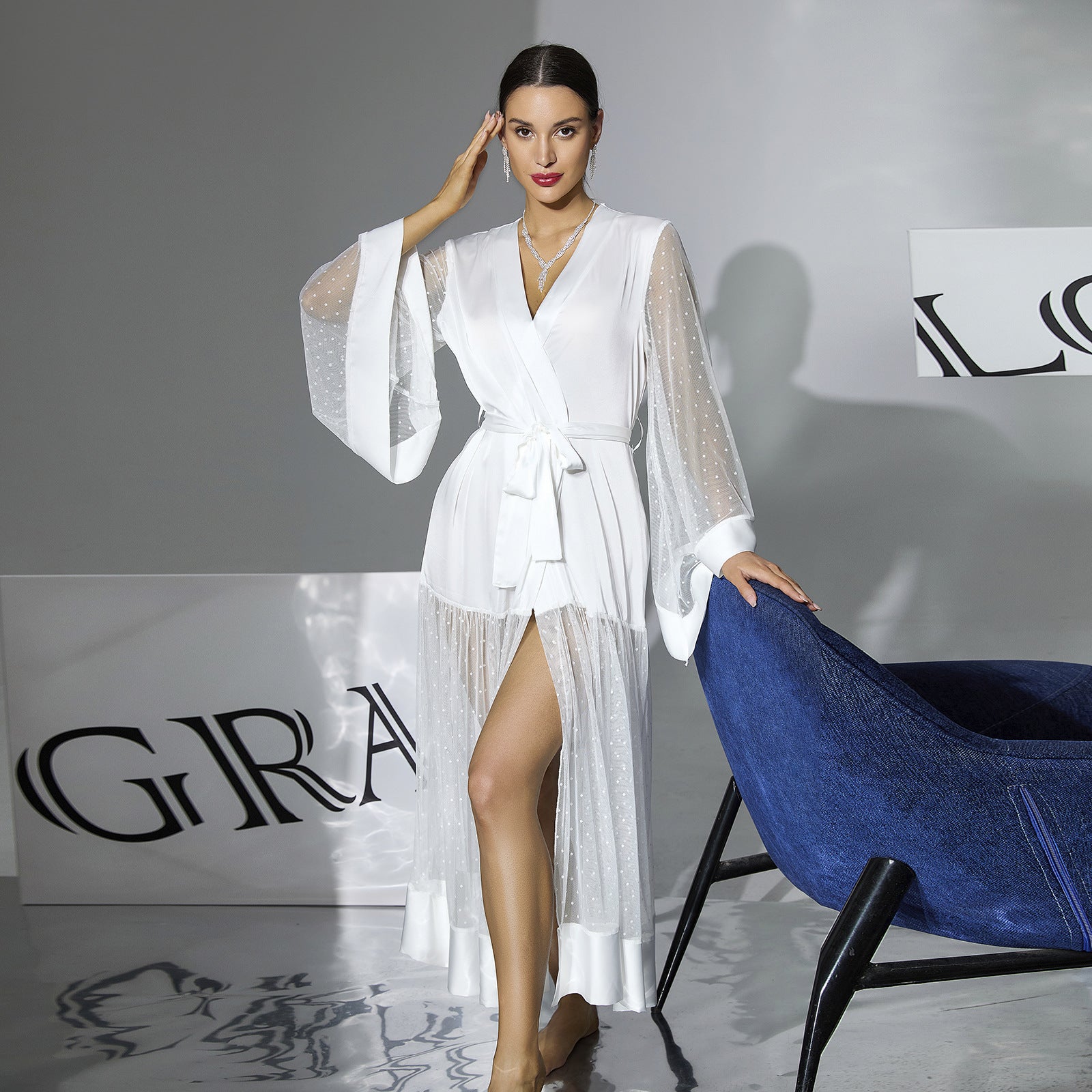 Women's Satin Dot Mesh Flared Sleeve Robe