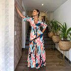 V-Neck Lightly Mature Split Ruffled Long Dress