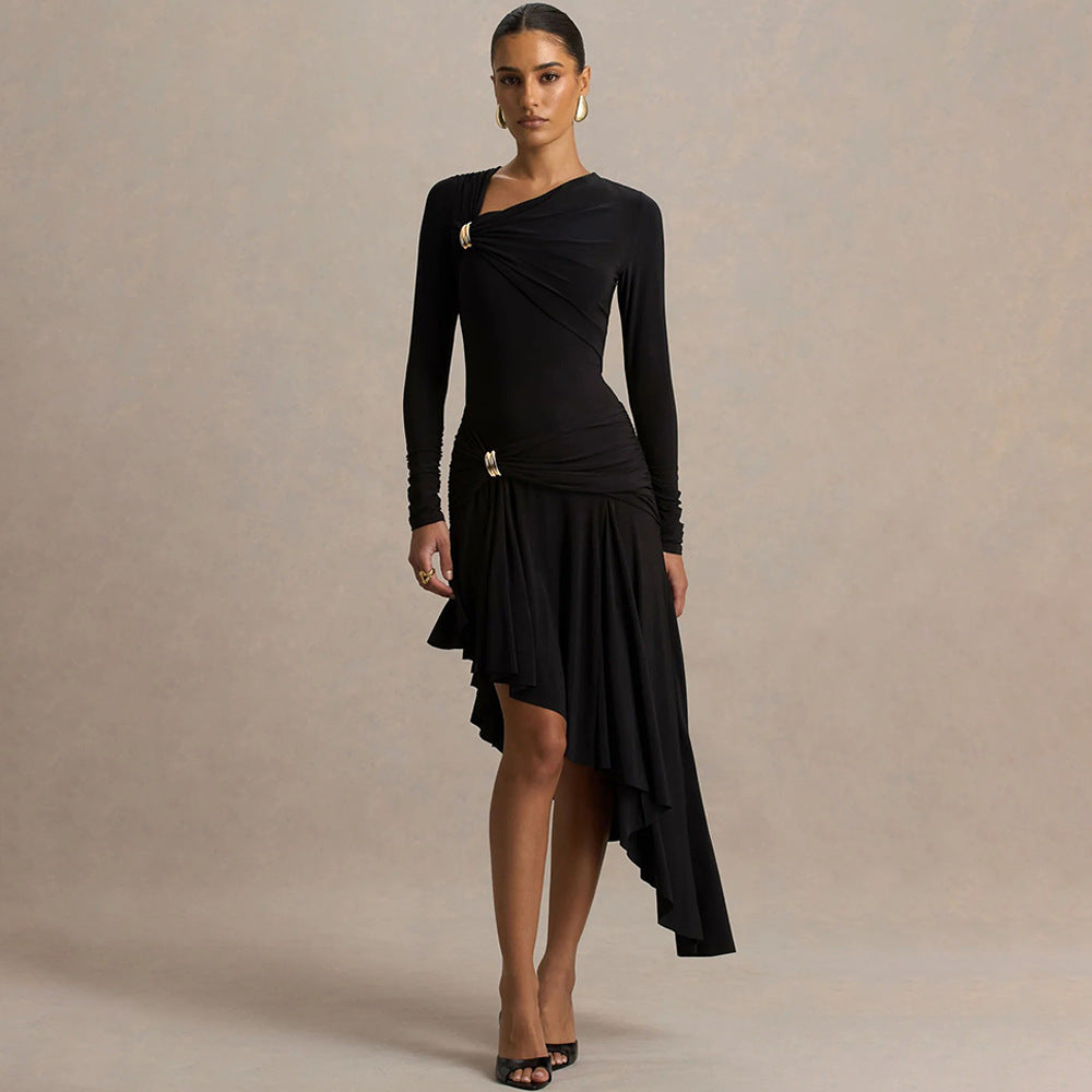 Women's Slim Dress Pleated Irregular Asymmetric Maxi Dress