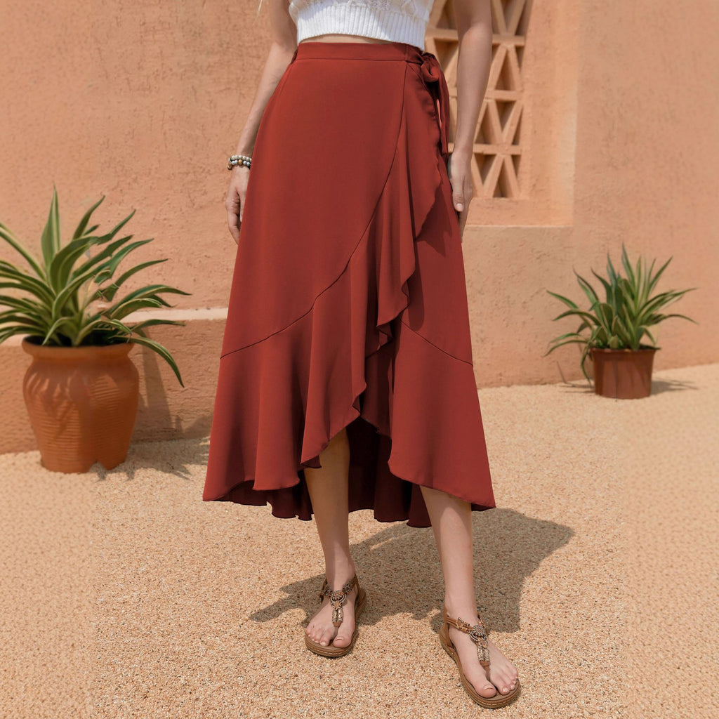 Ruffled Lace Up One Piece Wrap High Waist Back Skirt