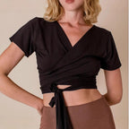 Women’s Black Tie Front V Neck Crop Top