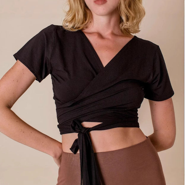 Women’s Black Tie Front V Neck Crop Top