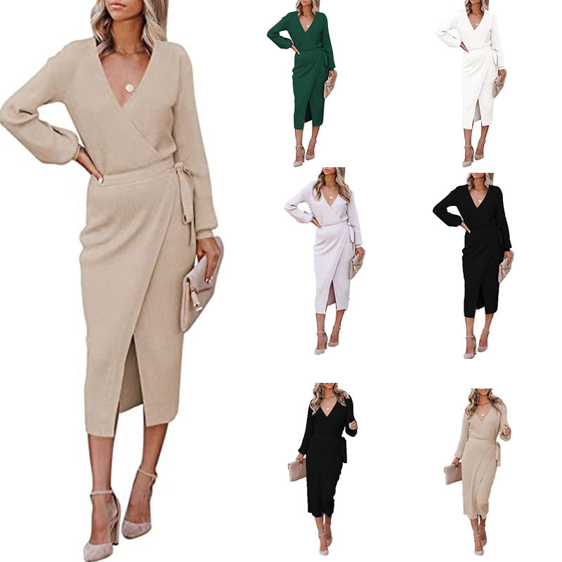 Women's Autumn Winter Women Clothing Maxi Dress Elegant Graceful V-Neck Knitted Dress