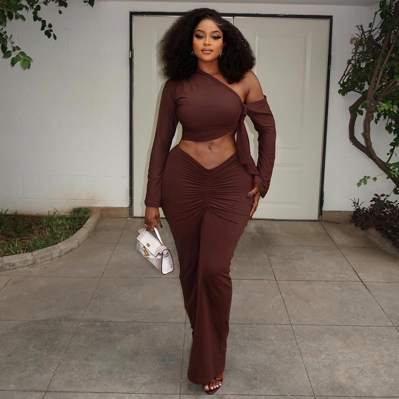 Women's Pleated Long-Sleeve Two-Piece Skirt Set
