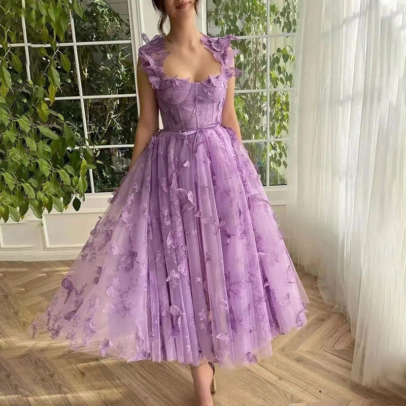 Women's Tulle Square-Neck High-Slit Bridal Maxi Dress