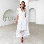 Women's Lace V-Neck Puff Sleeve A-Line Maxi Dress