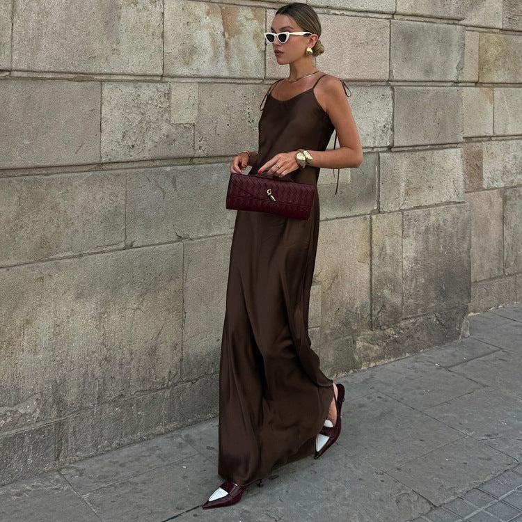 Long Suspender Dress Satin Drape Lace up