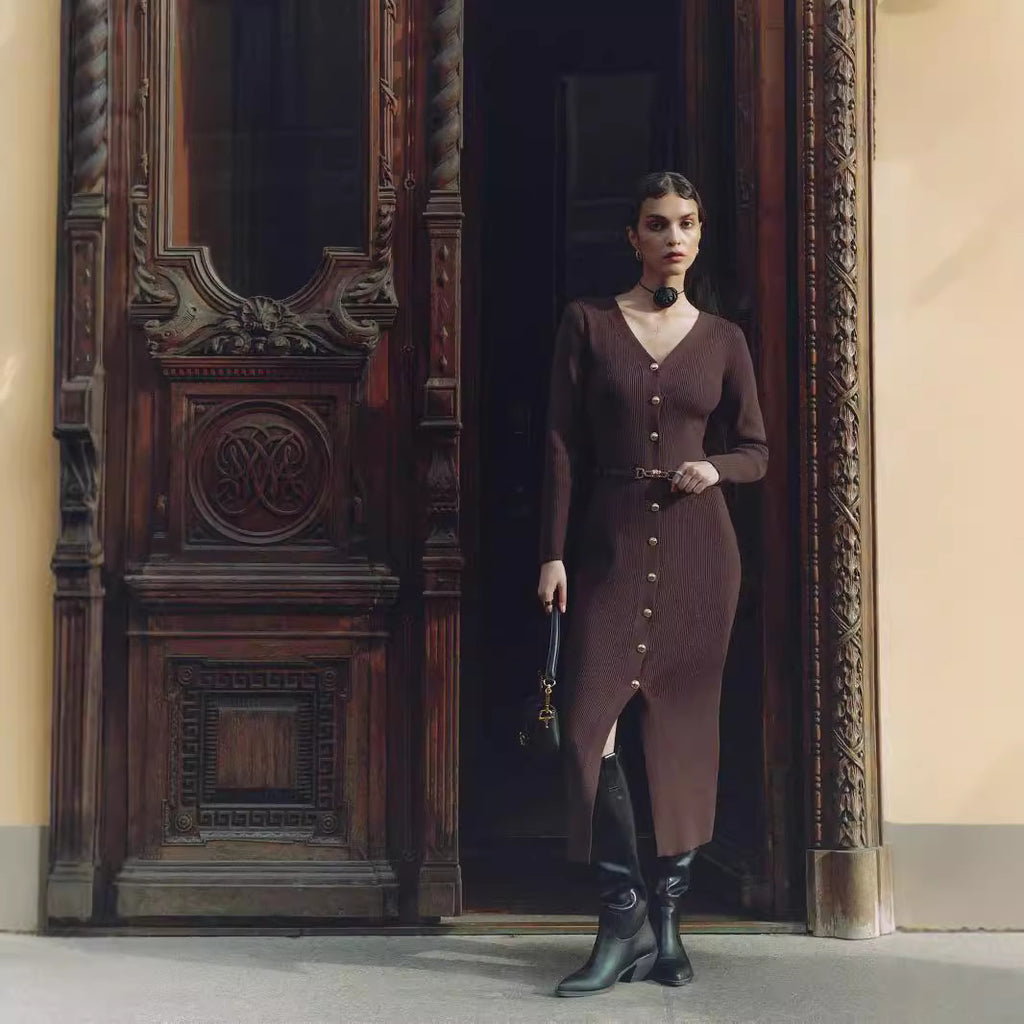 Autumn Winter Long Sleeve Knitted Dress Button Split Russia Hip Wrapped Sw