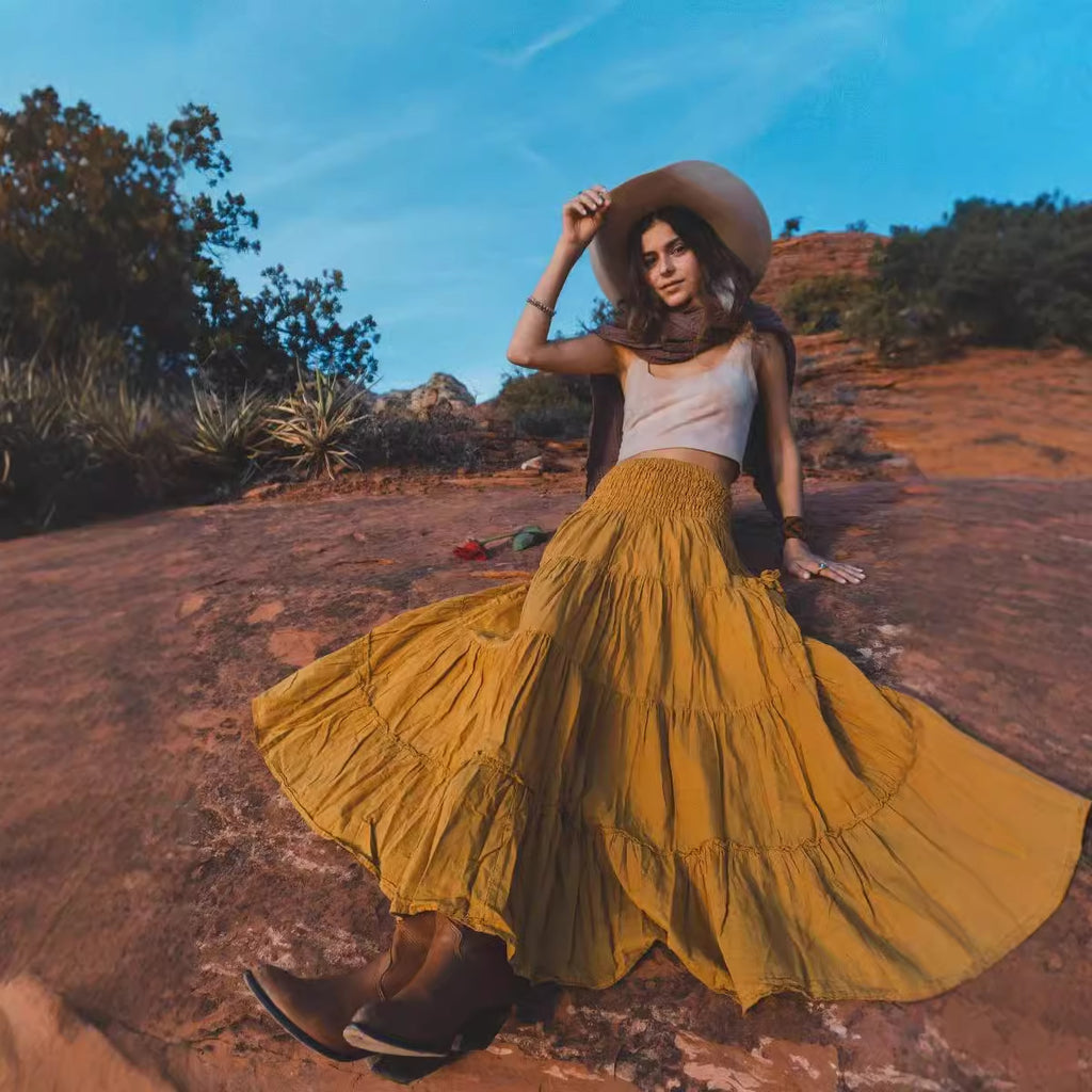 Casual Bohemian Loose Solid Color Long With Pocket Two Skirt