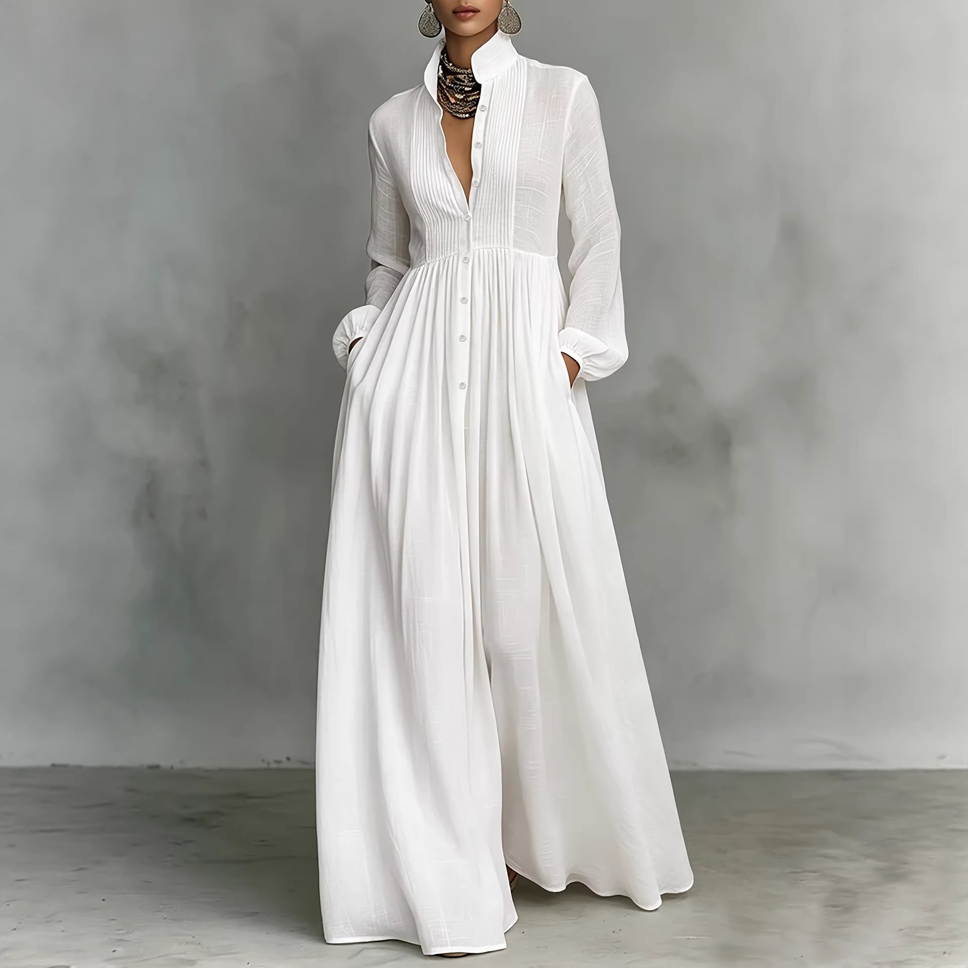 Women's Cotton Pleated Collared Maxi Dress