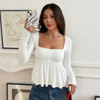 Women's Square Neck Ruched Long Sleeve Top