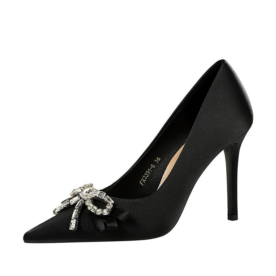 Women's Rhinestone Bow Satin Pumps