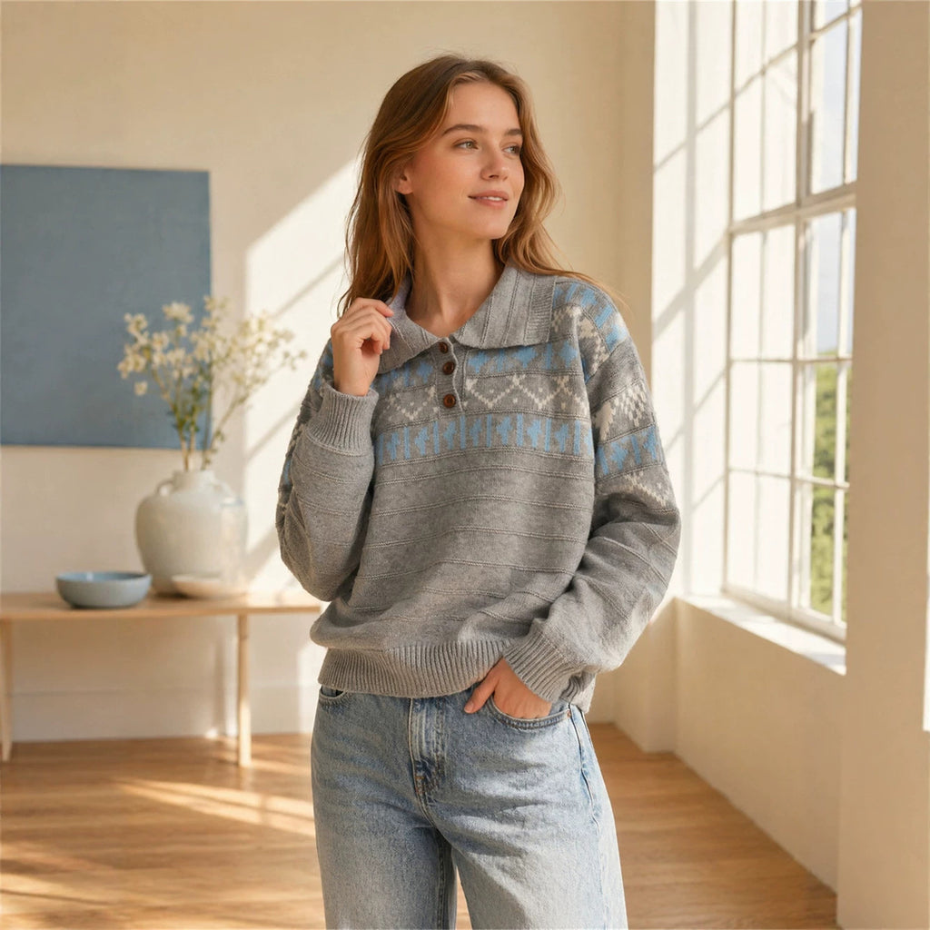 Women's Geometric Jacquard Collared Sweater