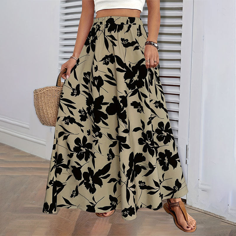 Elastic Waist Printed Long A Line Draping Pleated Skirt