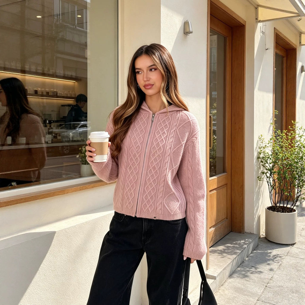 Women's Hooded Diamond-Knit Zip Cardigan
