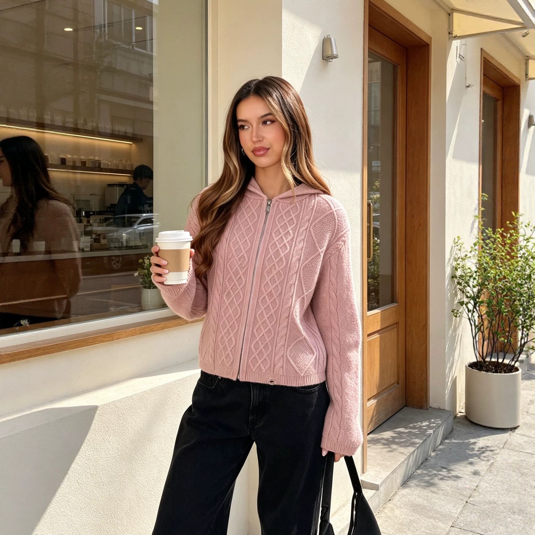 Women's Hooded Diamond-Knit Zip Cardigan