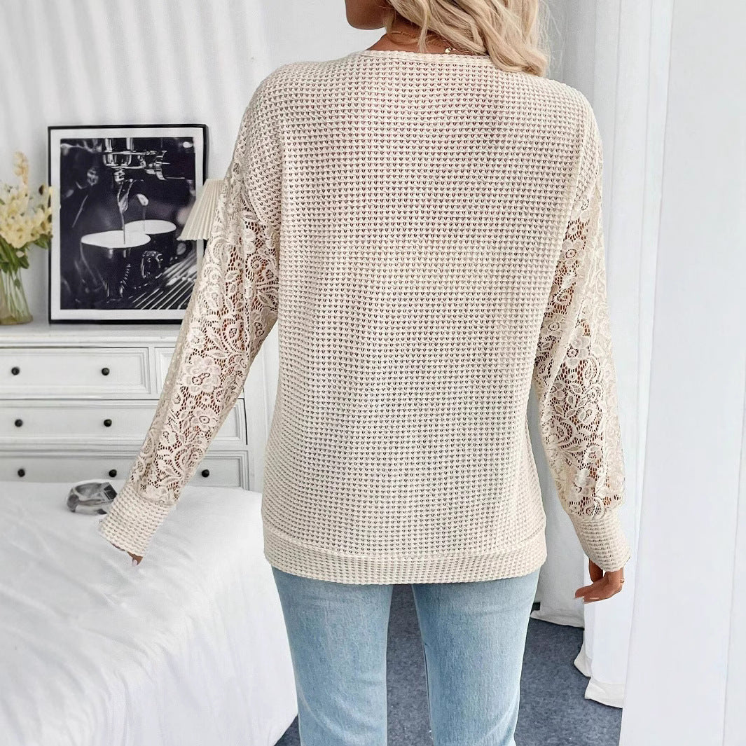 V-Neck Lace-Stitching Long-Sleeve Top