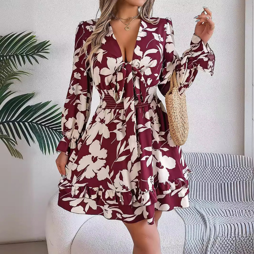 Women's Floral V Neck Long Sleeve Dress