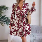 Women's Floral V Neck Long Sleeve Dress