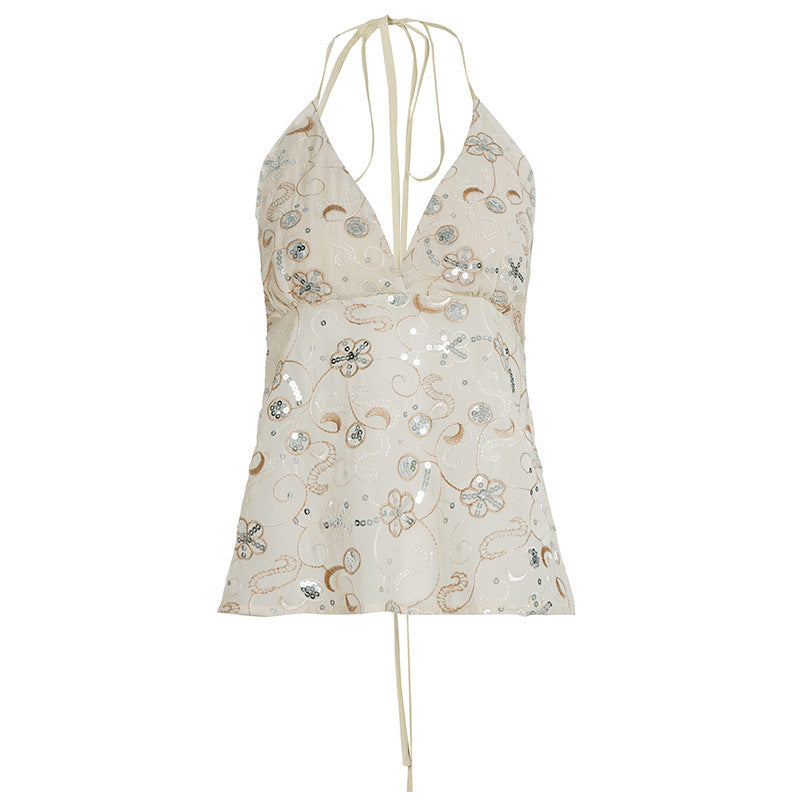 Women's Sequin Lace-Up Halter Backless Top