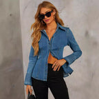 Women's Denim Shirt Collared Single Breasted Long Sleeve Denim