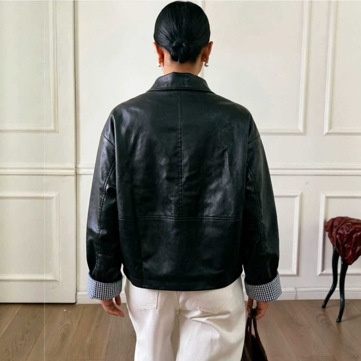 Faux Leather Plaid-Sleeve Motorcycle Jacket
