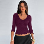 Women's Pleated Short-Sleeve U-Neck Top