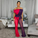 Women Clothing Shoulder Baring Mesh Pleated Color Matching Jumpsuit