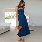 White Spaghetti-Strap Denim Maxi Dress