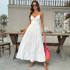White lace sling maxi dress with lace-trim tiers and thin spaghetti straps